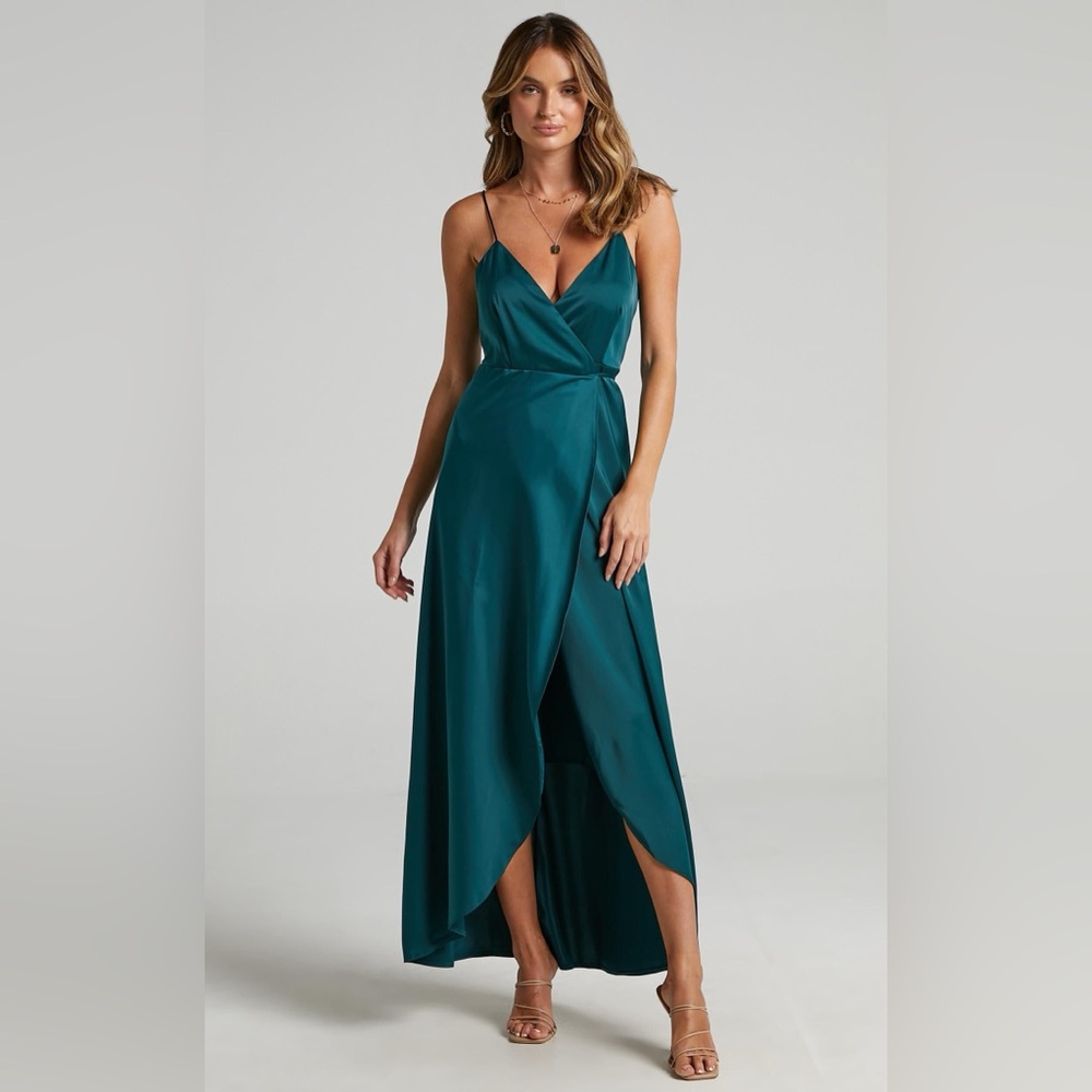 Showpo Mine Would Be You Midi Dress - Wrap Dress In Emerald Satin  | Size US 6